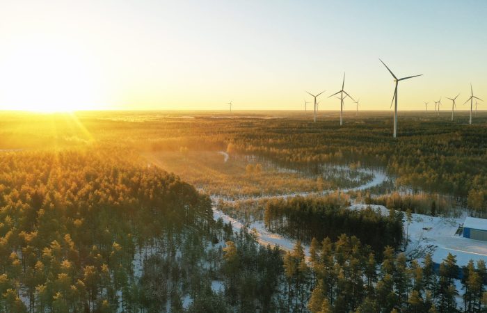 Sunset at a wind turbine area.