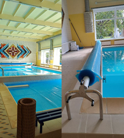 Two views of an indoor swimming pool at a kindergarten: one showing the pool area and another showing a blue pool cover rolled up beside the pool.